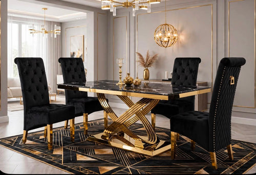 Louis Black & Gold Marble & Gold Dining Set with Black Majestic Lion Knocker Chairs