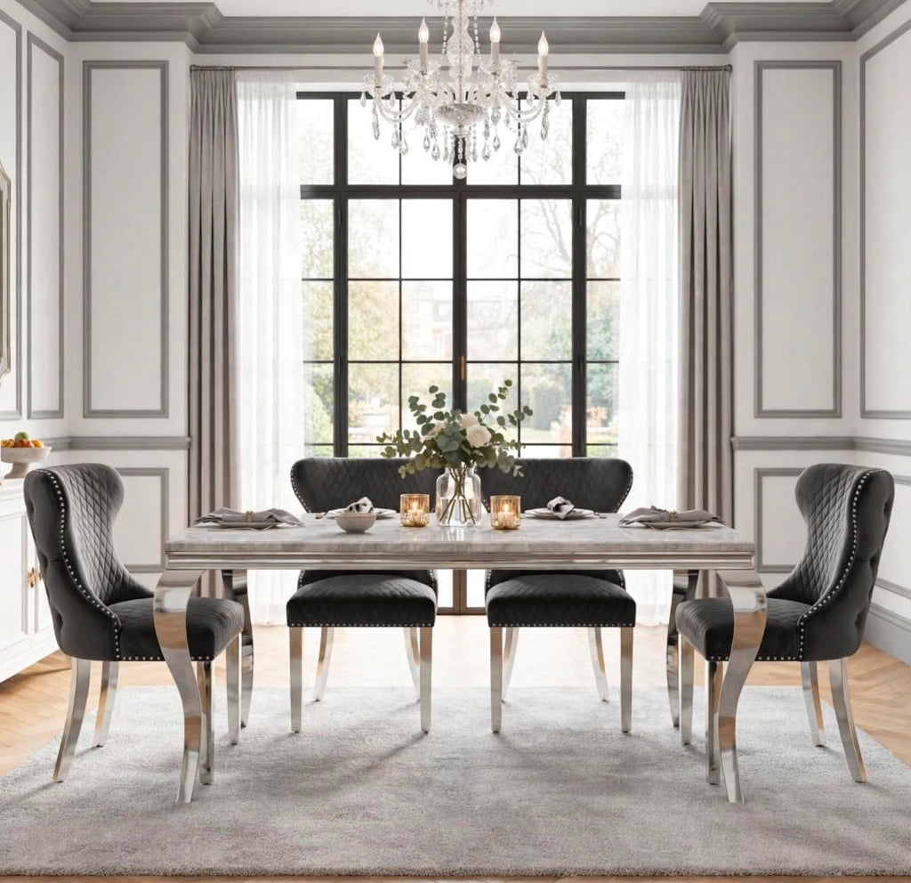 Louis White Marble & Chrome Dining Set with Black Majestic Lion Knocker Chairs