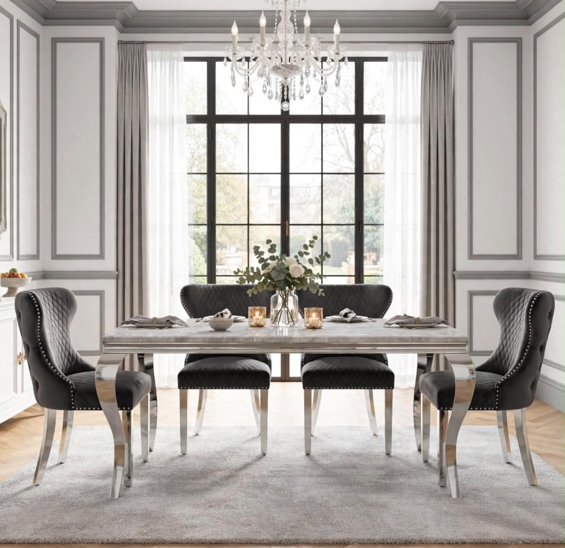 Louis White Marble & Chrome Dining Set with Black Majestic Lion Knocker Chairs