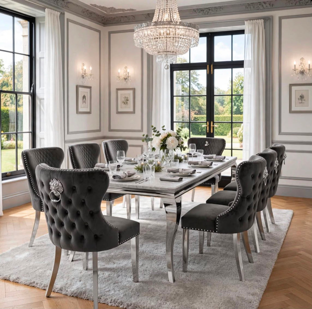 Louis White Marble & Chrome Dining Set with Black Majestic Lion Knocker Chairs