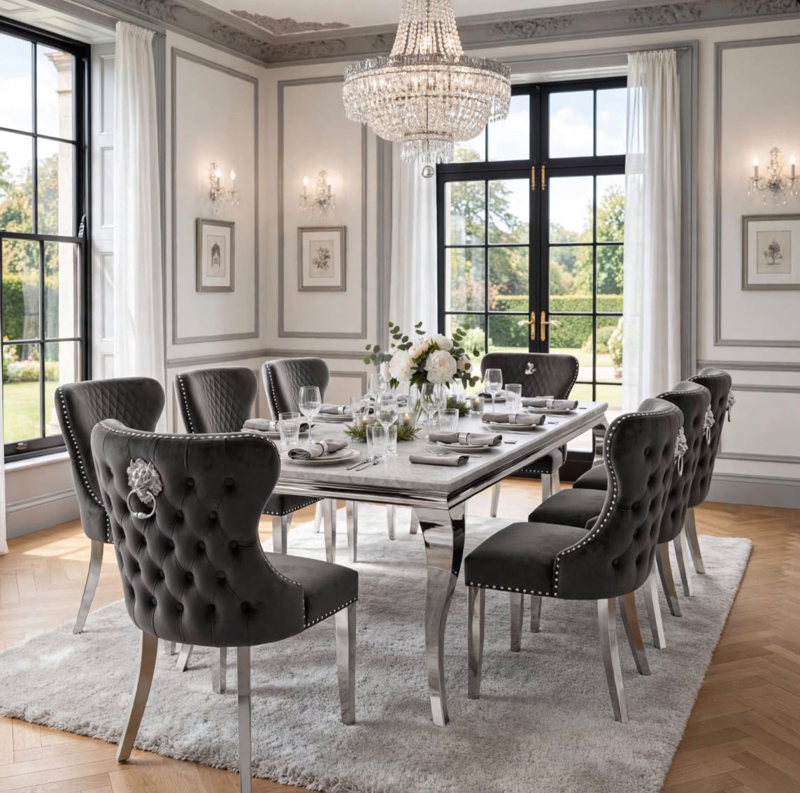 Louis White Marble & Chrome Dining Set with Black Majestic Lion Knocker Chairs