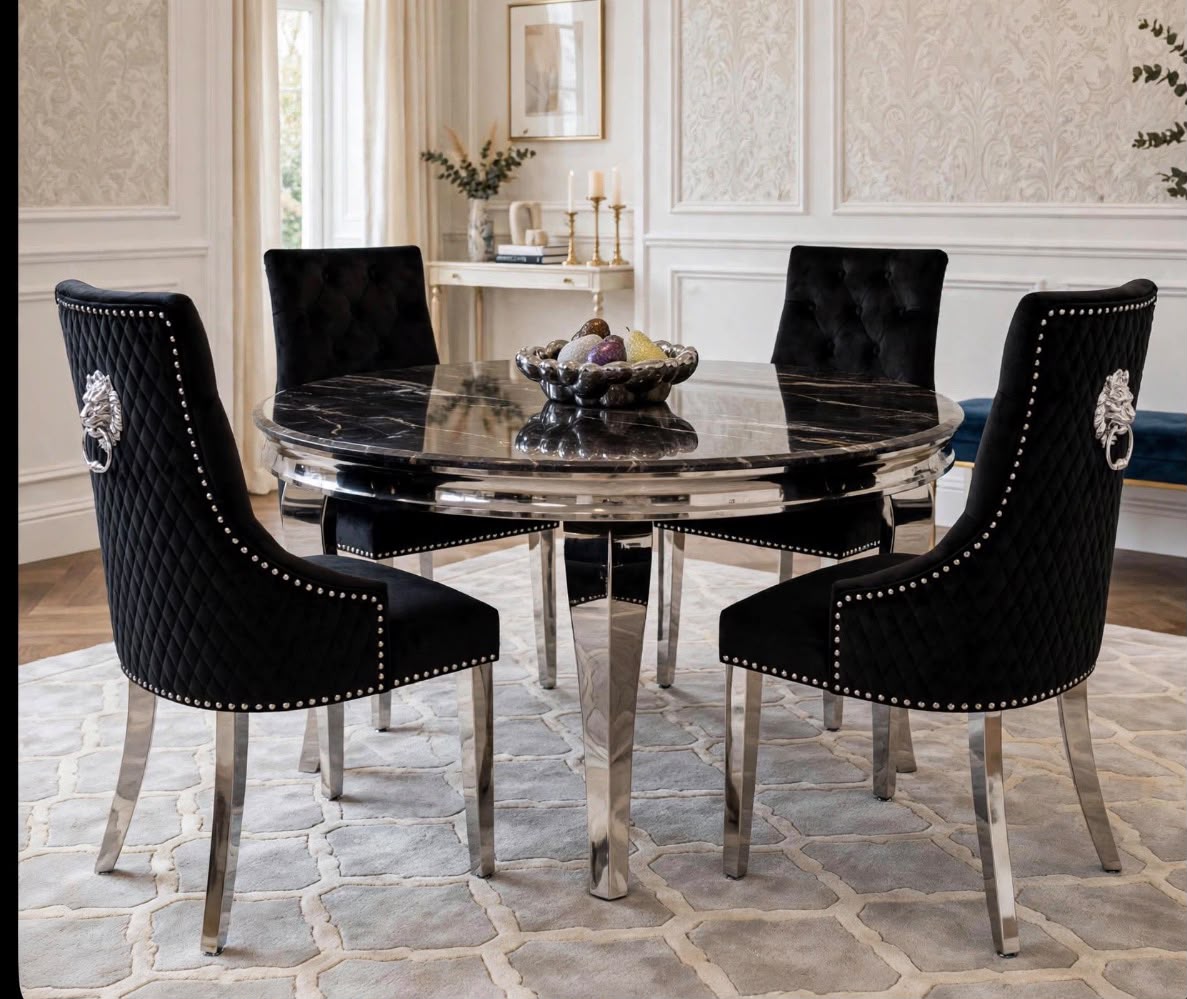 Louis Round Black Marble & Chrome Dining Set with Black Majestic Lion Knocker Chairs