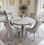 Louis Round White Marble & Chrome Dining Set with Black Majestic Lion Knocker Chairs
