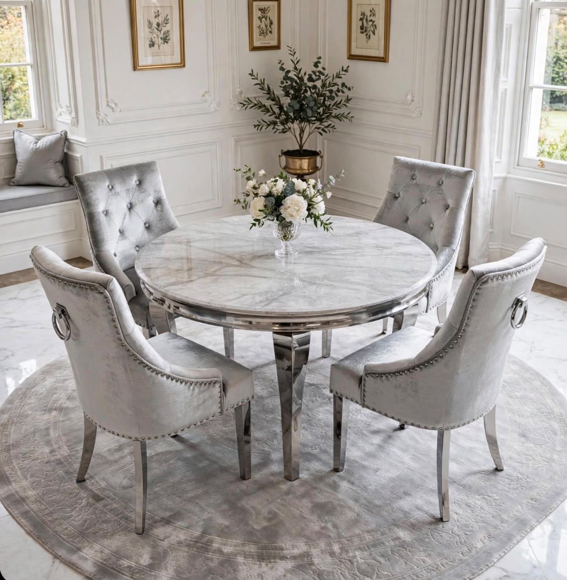 Louis Round White Marble & Chrome Dining Set with Black Majestic Lion Knocker Chairs