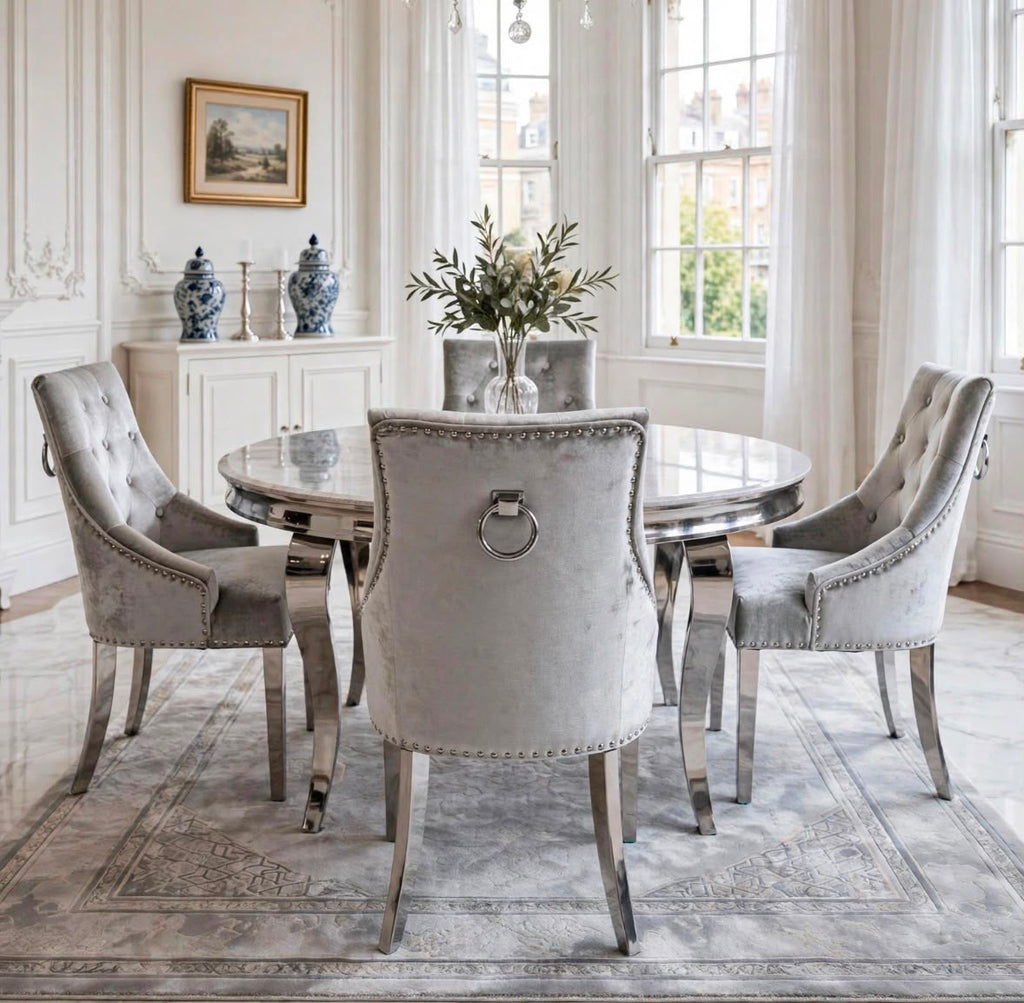 Louis Round White Marble & Chrome Dining Set with Black Majestic Lion Knocker Chairs