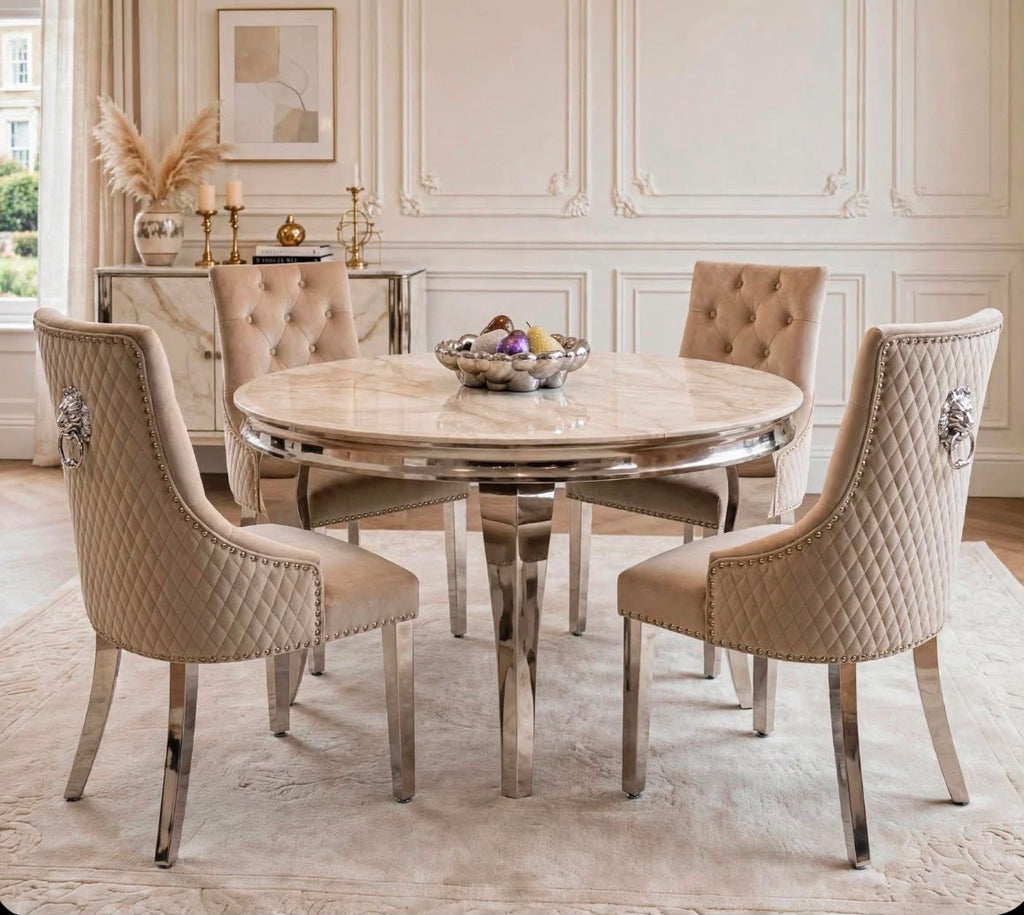 Louis Round White Marble & Chrome Dining Set with Cream Majestic Lion Knocker Chairs