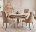 Louis Round White Marble & Chrome Dining Set with Cream Majestic Lion Knocker Chairs