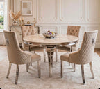 Louis Round White Marble & Chrome Dining Set with Cream Majestic Lion Knocker Chairs