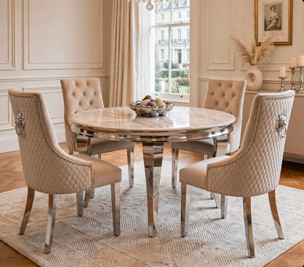 Louis Round White Marble & Chrome Dining Set with Cream Majestic Lion Knocker Chairs