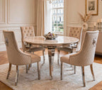 Louis Round White Marble & Chrome Dining Set with Cream Majestic Lion Knocker Chairs