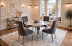 Louis Round White Marble & Chrome Dining Set with Grey Majestic Lion Knocker Chairs