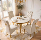 Louis Round White & Gold Marble & Gold Dining Set with Cream Victoria Lion Knocker Chairs