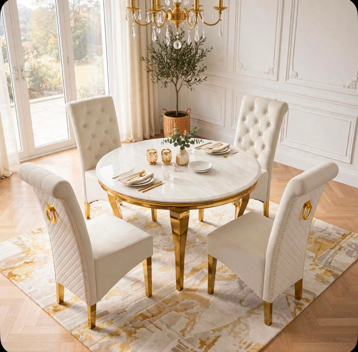 Louis Round White & Gold Marble & Gold Dining Set with Cream Victoria Lion Knocker Chairs