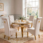 Louis Round White & Gold Marble & Gold Dining Set with Cream Victoria Lion Knocker Chairs