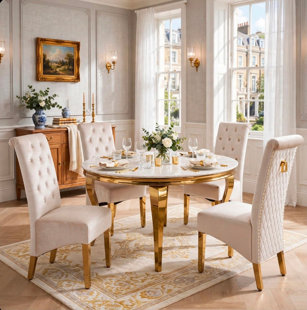 Louis Round White & Gold Marble & Gold Dining Set with Cream Victoria Lion Knocker Chairs
