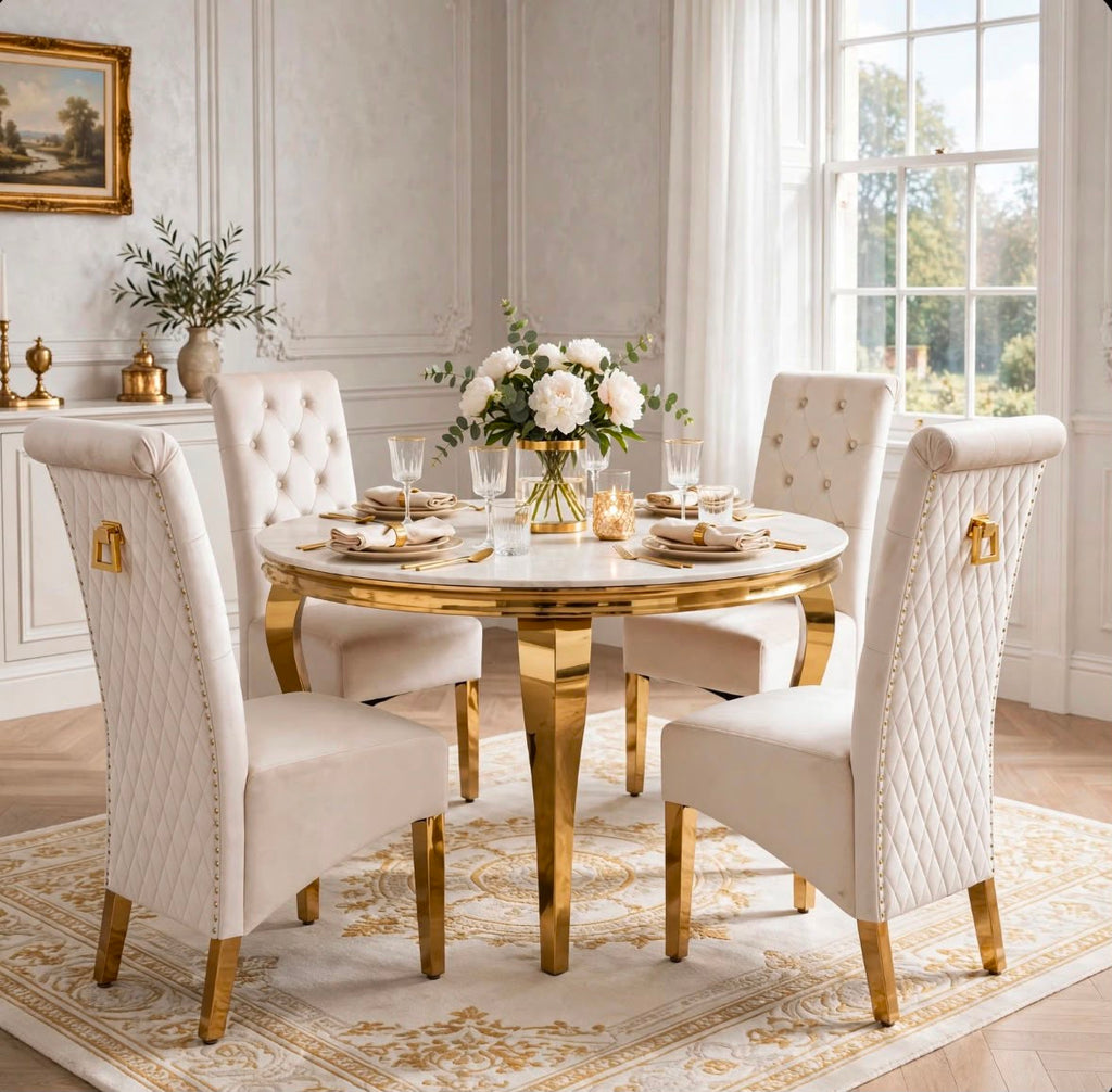 Louis Round White & Gold Marble & Gold Dining Set with Cream Victoria Lion Knocker Chairs