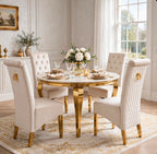Louis Round White & Gold Marble & Gold Dining Set with Cream Victoria Lion Knocker Chairs