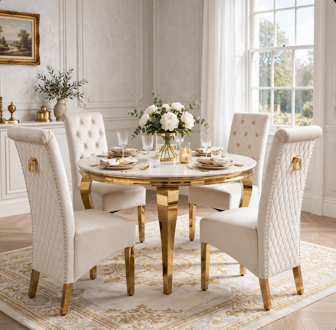 Louis Round White & Gold Marble & Gold Dining Set with Cream Victoria Lion Knocker Chairs