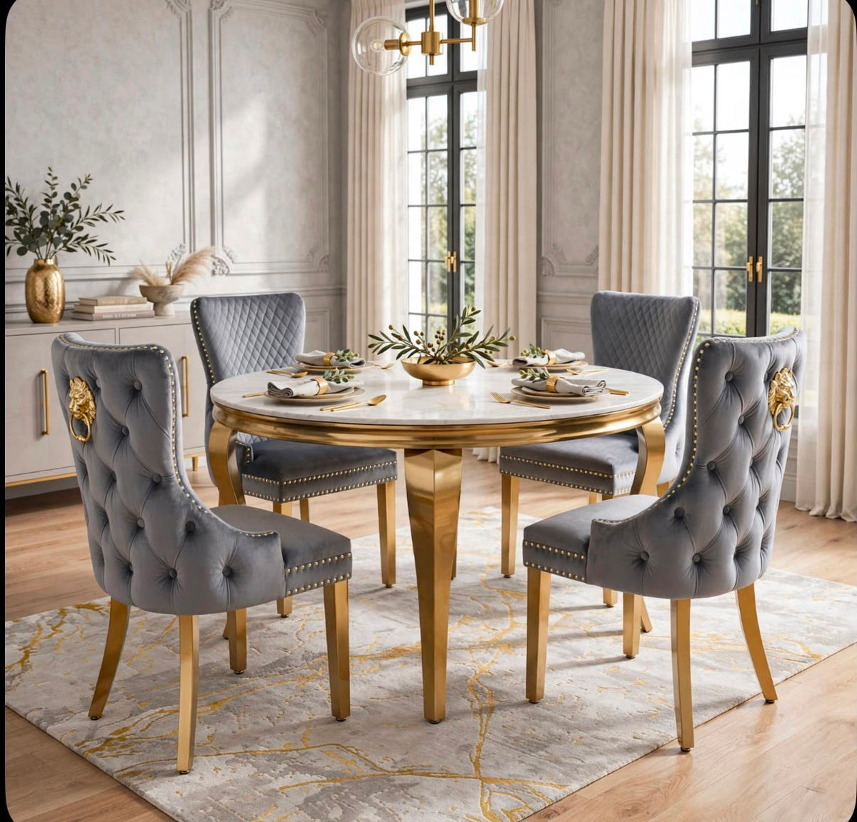 Louis Round White & Gold Marble & Gold Dining Set with Grey Victoria Lion Knocker Chairs