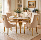 Louis Round White & Gold Marble & Gold Dining Set with Cream Victoria Lion Knocker Chairs