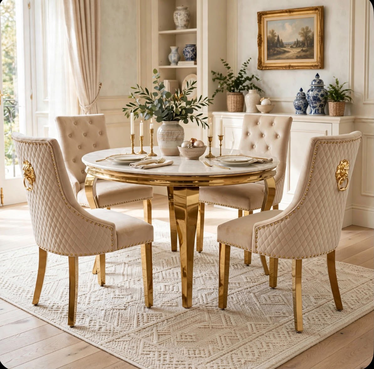 Louis Round White & Gold Marble & Gold Dining Set with Cream Victoria Lion Knocker Chairs