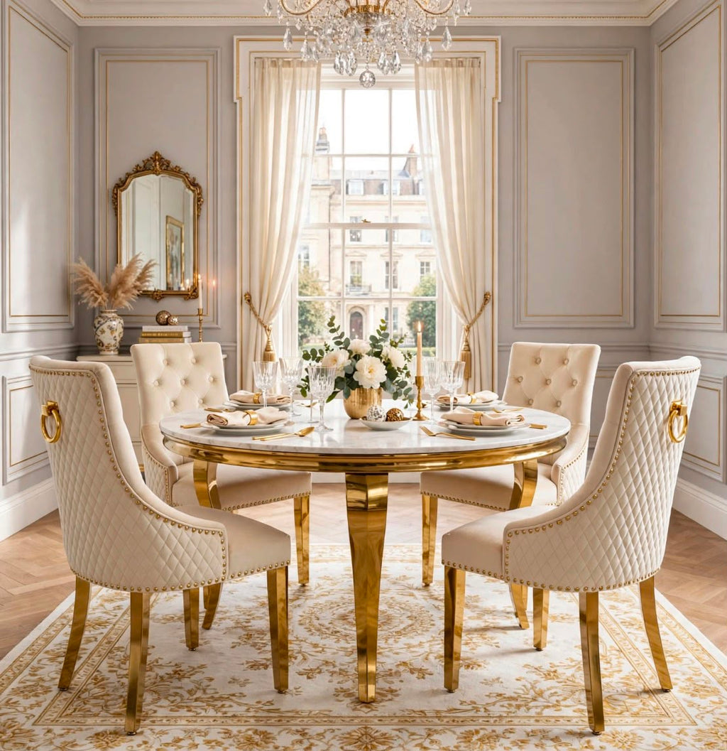 Louis Round White & Gold Marble & Gold Dining Set with Cream Victoria Lion Knocker Chairs