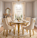 Louis Round White & Gold Marble & Gold Dining Set with Cream Victoria Lion Knocker Chairs