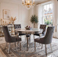 Louis Round White Marble & Chrome Dining Set with Black Majestic Lion Knocker Chairs