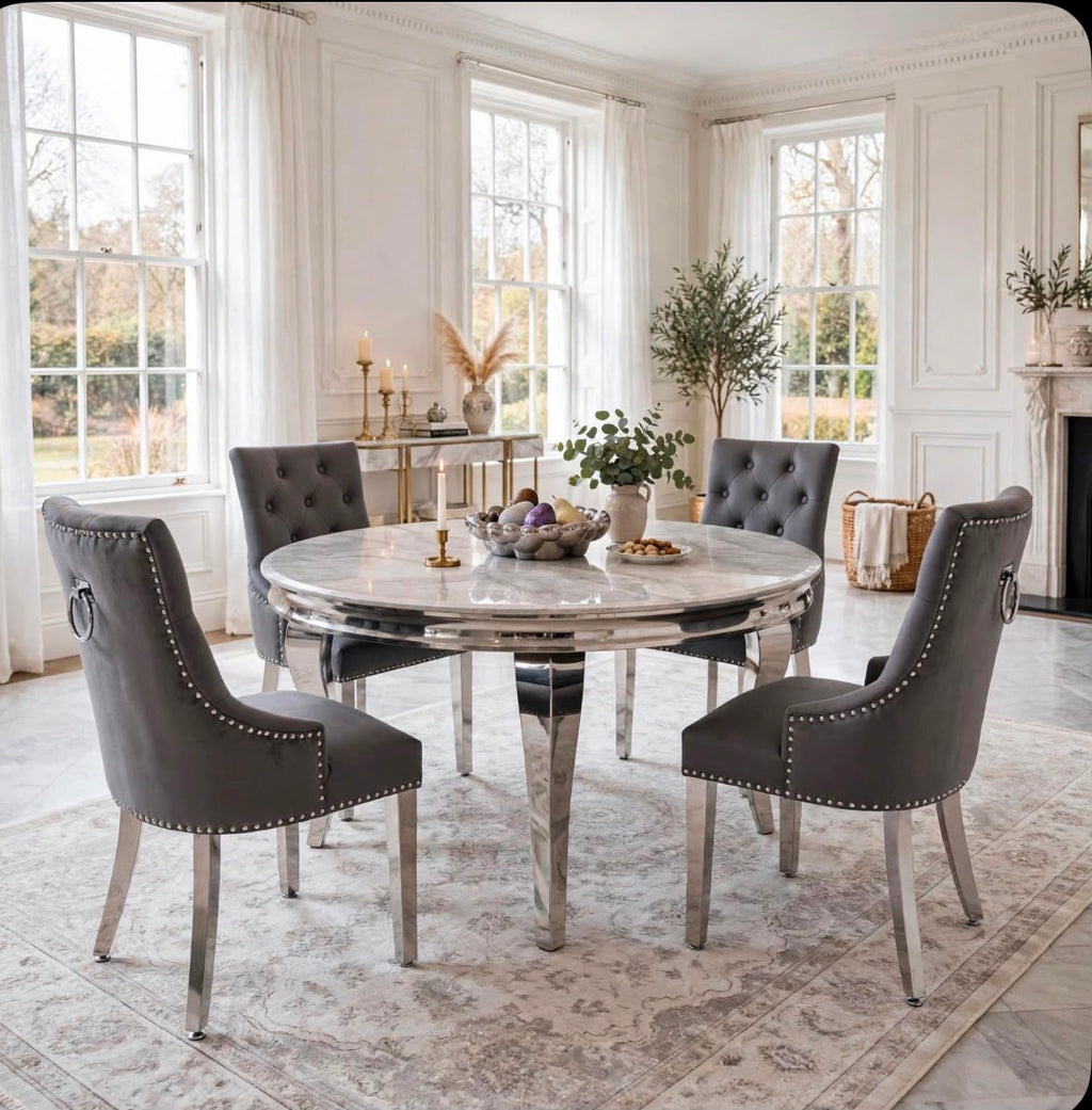 Louis Round White Marble & Chrome Dining Set with Black Majestic Lion Knocker Chairs