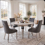 Louis Round White Marble & Chrome Dining Set with Black Majestic Lion Knocker Chairs