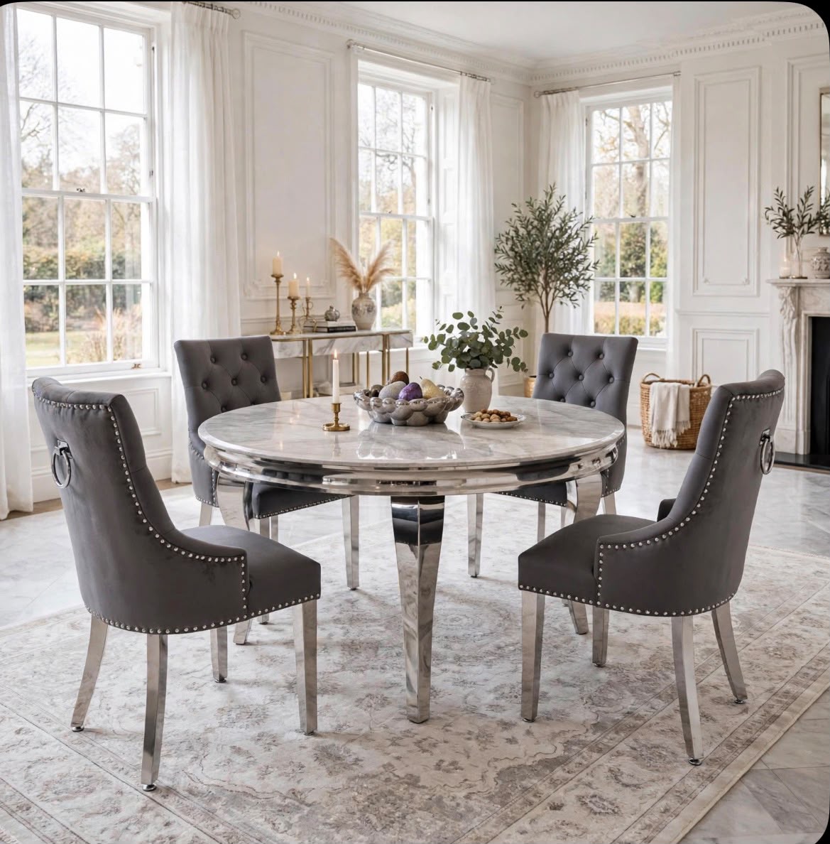Louis Round White Marble & Chrome Dining Set with Black Majestic Lion Knocker Chairs