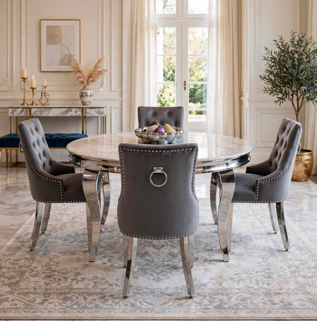 Louis Round White Marble & Chrome Dining Set with Black Majestic Lion Knocker Chairs