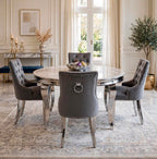 Louis Round White Marble & Chrome Dining Set with Black Majestic Lion Knocker Chairs