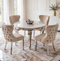 Louis Round White Marble & Chrome Dining Set with Cream Majestic Lion Knocker Chairs