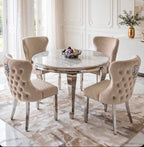 Louis Round White Marble & Chrome Dining Set with Cream Majestic Lion Knocker Chairs
