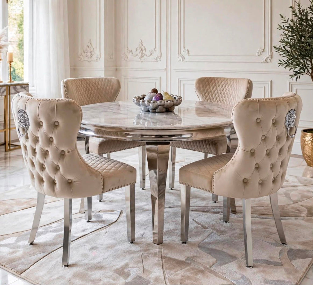 Louis Round White Marble & Chrome Dining Set with Cream Majestic Lion Knocker Chairs