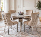 Louis Round White Marble & Chrome Dining Set with Cream Majestic Lion Knocker Chairs