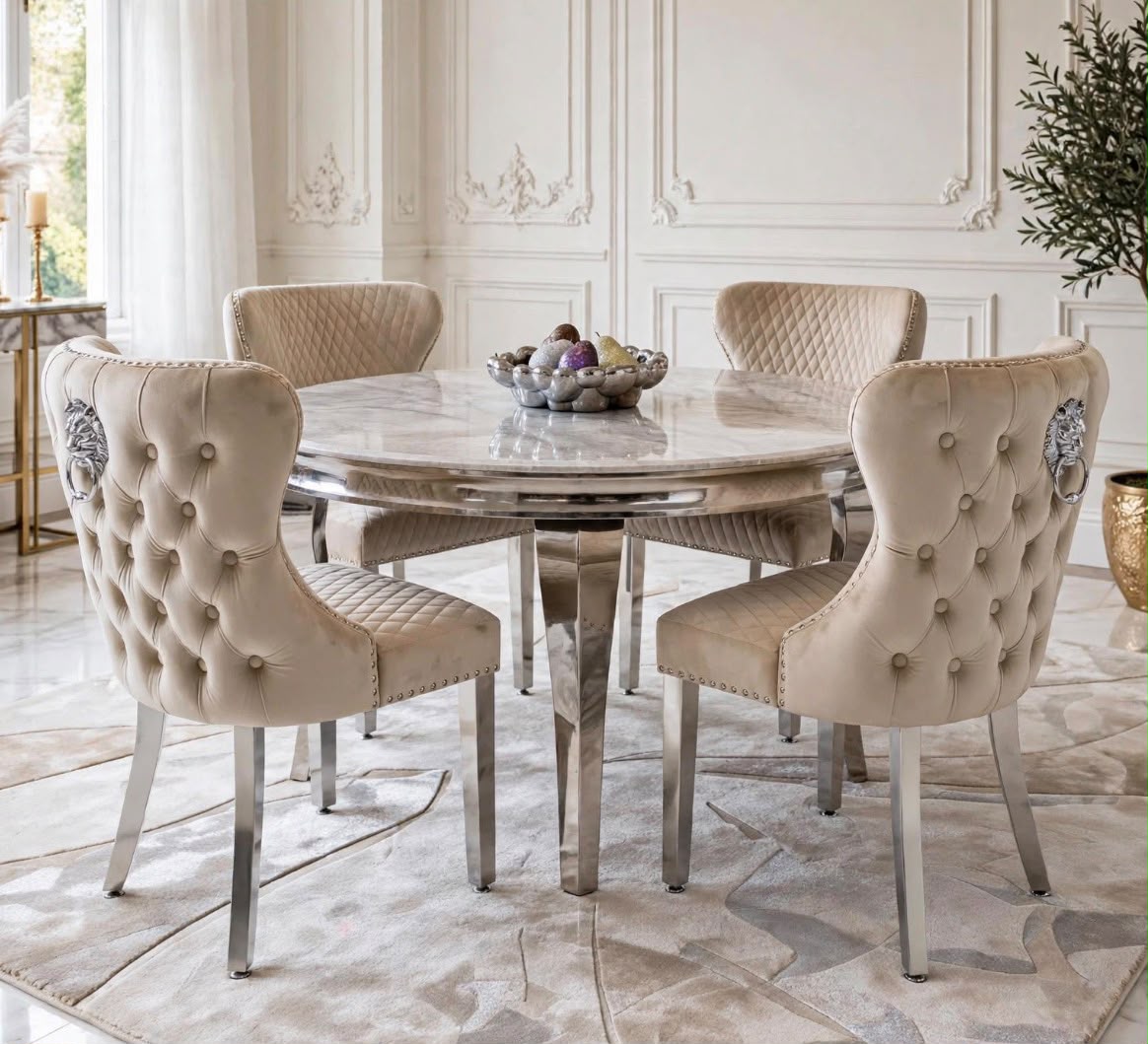 Louis Round White Marble & Chrome Dining Set with Cream Majestic Lion Knocker Chairs