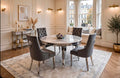 Louis Round White Marble & Chrome Dining Set with Grey Majestic Lion Knocker Chairs