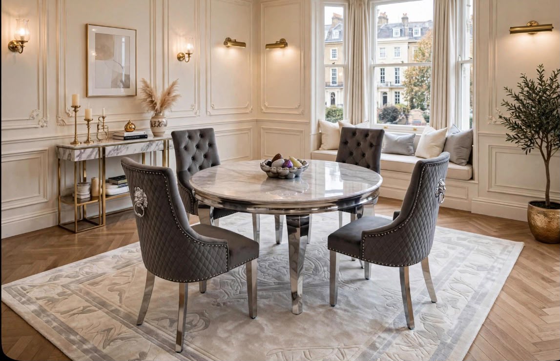 Louis Round White Marble & Chrome Dining Set with Grey Majestic Lion Knocker Chairs