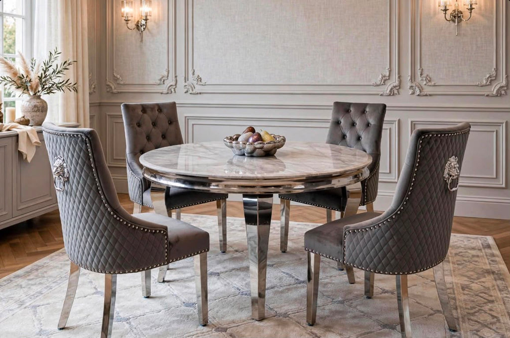 Louis Round White Marble & Chrome Dining Set with Grey Majestic Lion Knocker Chairs