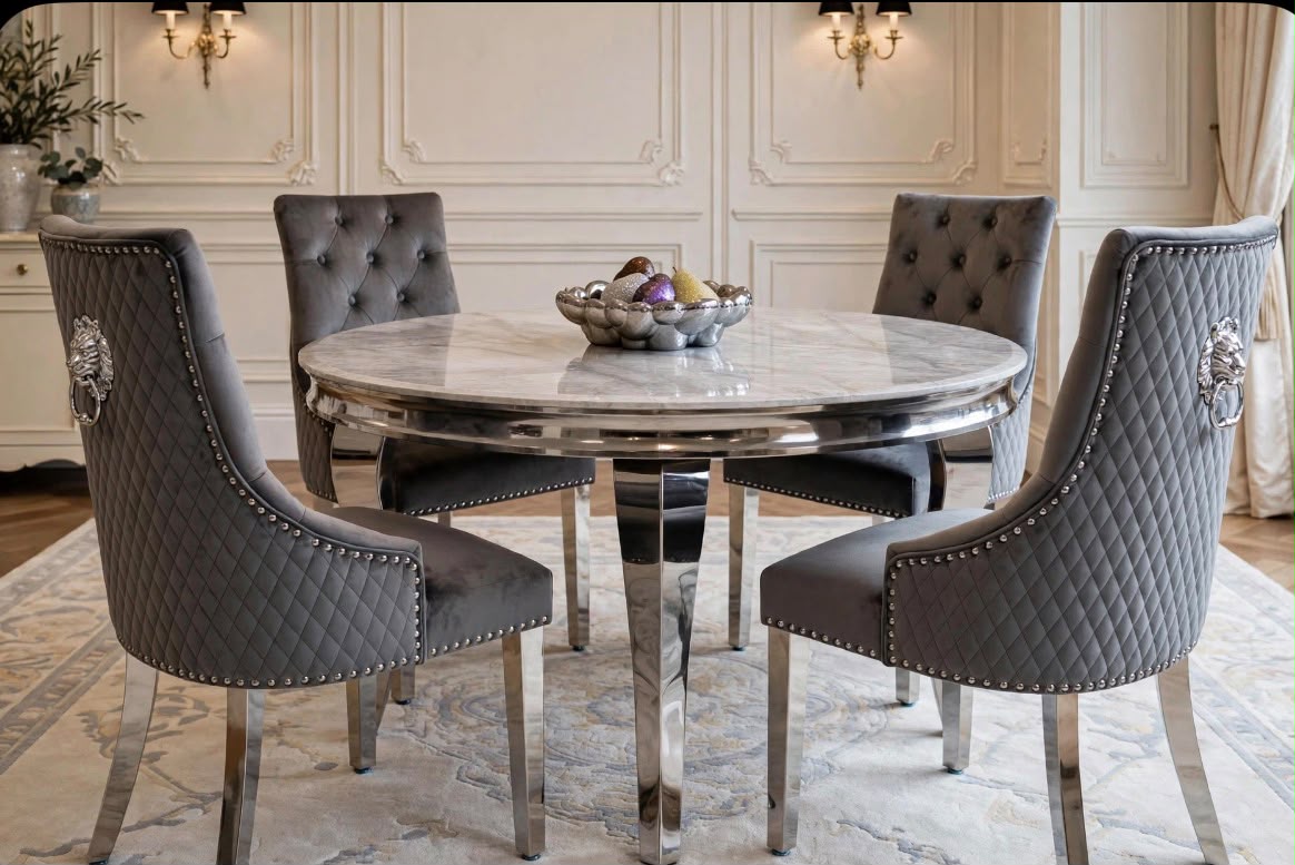 Louis Round White Marble & Chrome Dining Set with Grey Majestic Lion Knocker Chairs