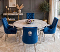 Louis Round White Marble & Chrome Dining Set with Navy Majestic Lion Knocker Chairs