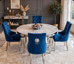 Louis Round White Marble & Chrome Dining Set with Navy Majestic Lion Knocker Chairs