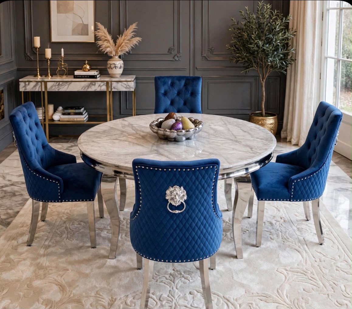 Louis Round White Marble & Chrome Dining Set with Navy Majestic Lion Knocker Chairs
