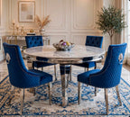 Louis Round White Marble & Chrome Dining Set with Navy Majestic Lion Knocker Chairs