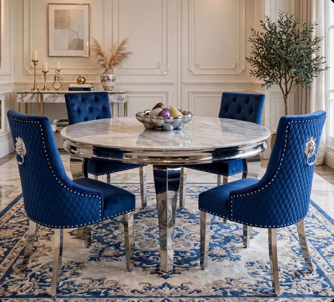 Louis Round White Marble & Chrome Dining Set with Navy Majestic Lion Knocker Chairs