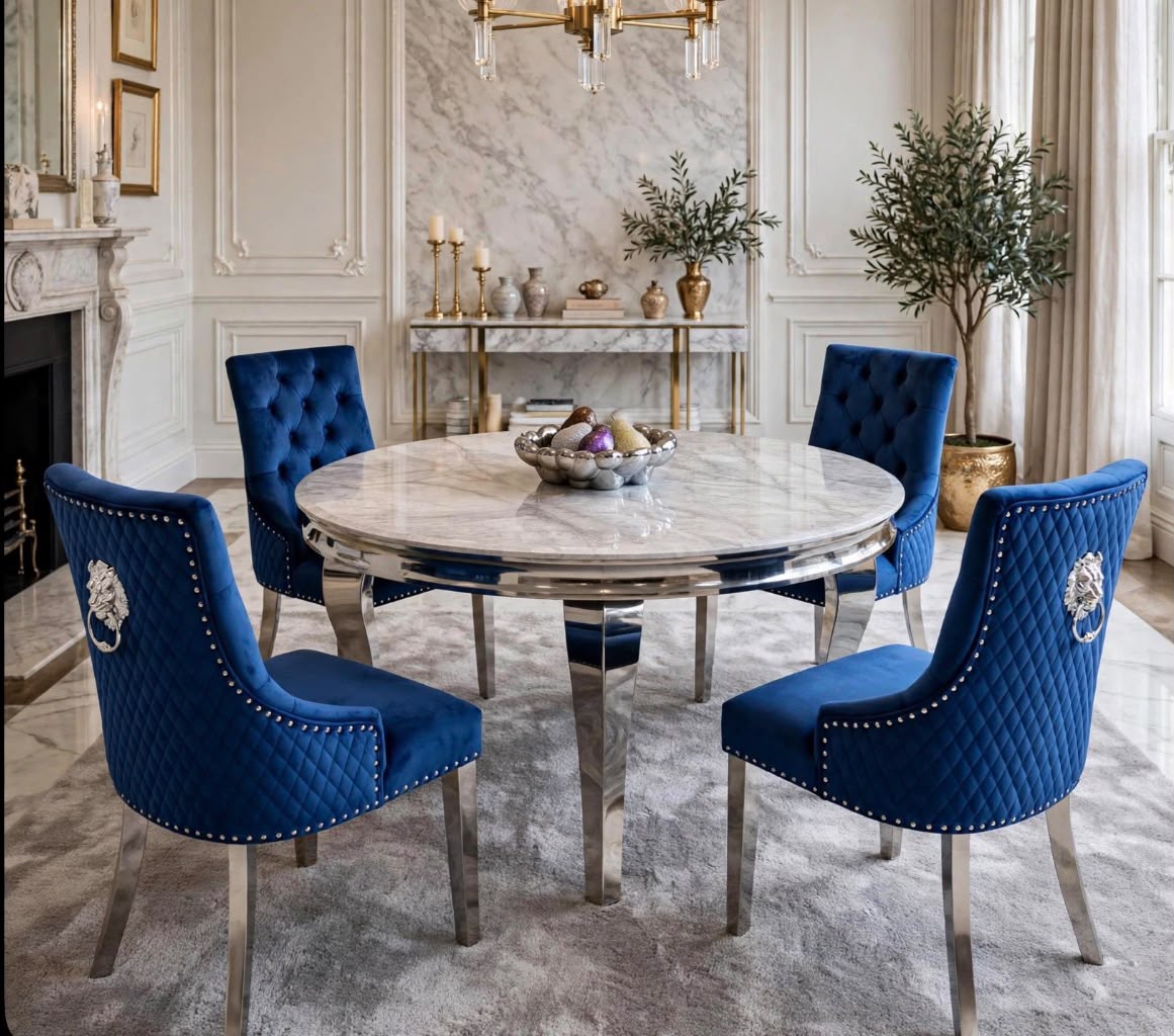 Louis Round White Marble & Chrome Dining Set with Navy Majestic Lion Knocker Chairs