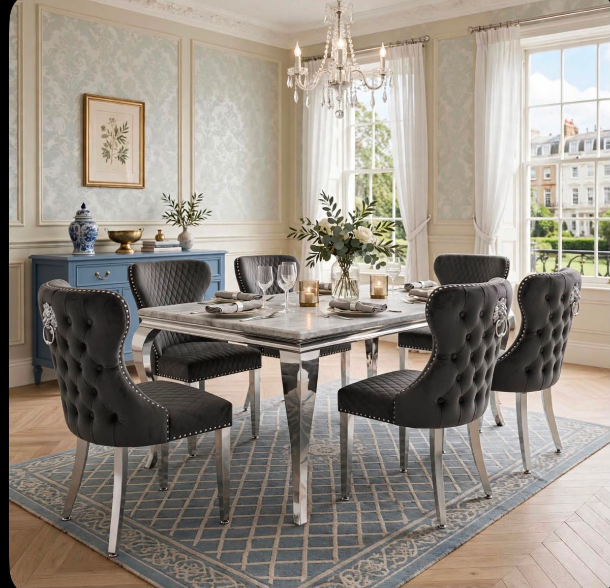 Louis White Marble & Chrome Dining Set with Black Majestic Lion Knocker Chairs