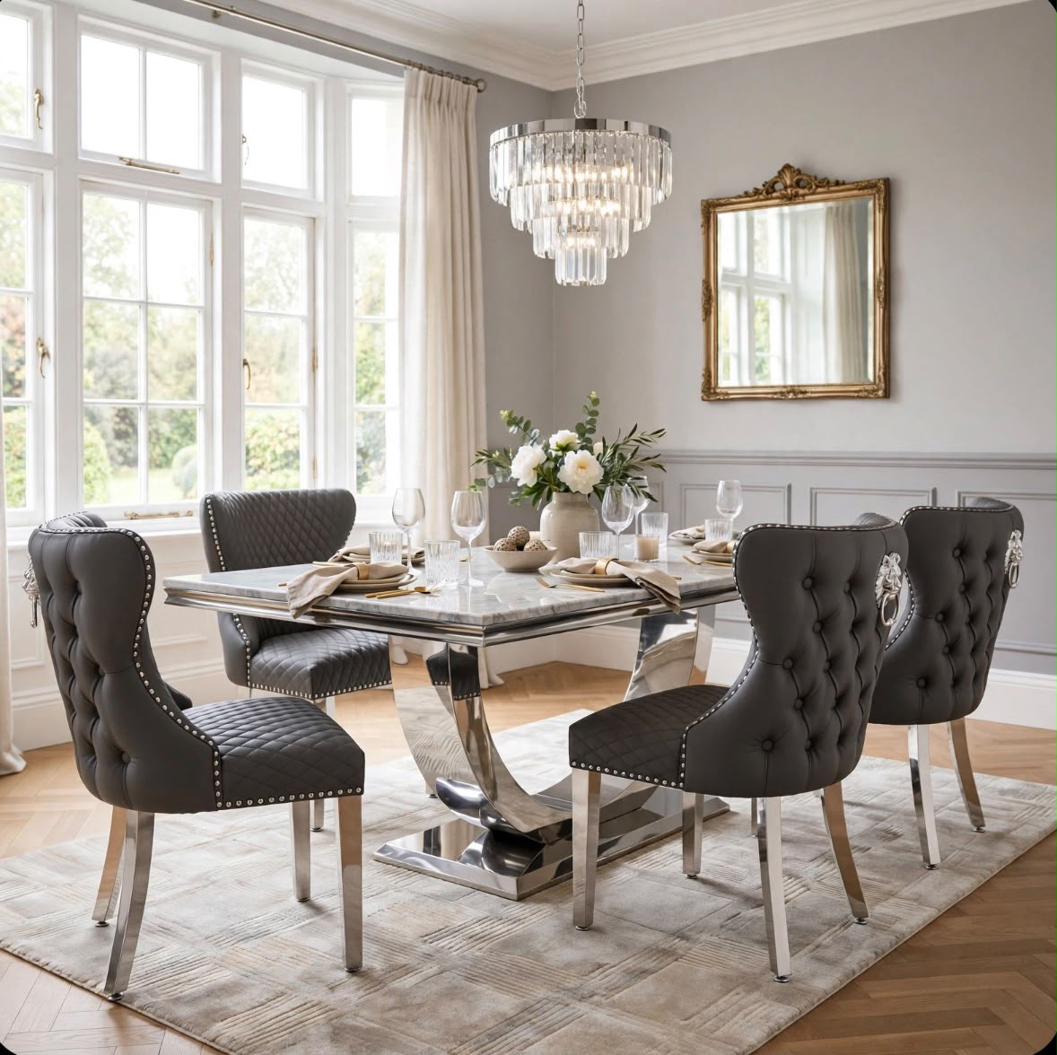 Louis White Marble & Chrome Dining Set with Grey Majestic Lion Knocker Chairs